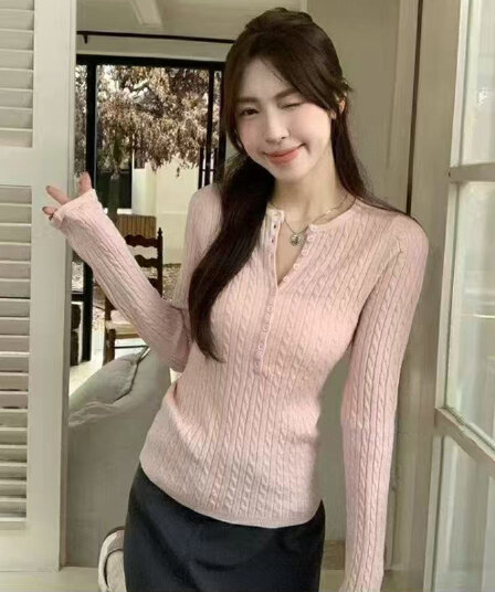 가을 겨울 새로운 한국 스타일 품격 반 개방 칼라 꽈배기 단추 디자인 니트 맨위 기본 셔츠 스웨터 여자