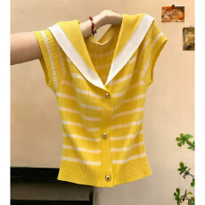 批发条纹海军领短袖针织衫女夏季新款百搭减龄显瘦洋气上衣