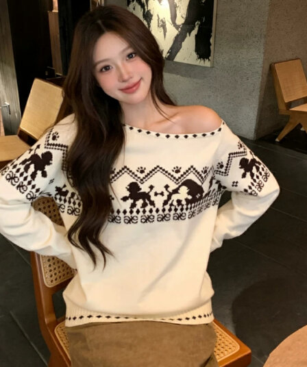 레트로 부드러운 공정한 섬 강아지 자카드 비스듬한 어깨 긴팔 니트 스웨터 가을 겨울 디자인 센스 느긋한 부드러운 찹쌀 맨위 트렌디