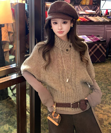 레트로 부유 한 가족 천 골드 miu 부서 착용 가져 가라. 양 낙타 망토 비스듬한 폴로 칼라 중간 소매 스웨터 가을 겨울 켜기 새로운 니트 맨위