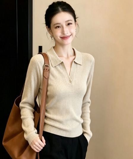 POLO 칼라 니트 스웨터 여성 가을 새로운 몸매 가꾸기 인사이드 가져 가라. 고급 센스 디자인 센스 기본 셔츠 맨위