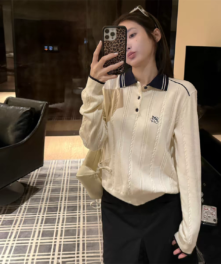 배색 POLO 칼라 트위스트 무늬 니트 스웨터 만나는 스웨터 여자 가을 겨울 캐주얼 긴팔 루즈핏 슬림해 보이는 인사이드 잡아라. 의류