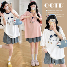 批发实拍2026夏装新款韩版孕妇宽松休闲上衣+孕妇格子裙套装