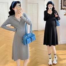 批发实拍秋冬新款韩版翻领孕妇针织<b class='q'>连衣裙</b>中国长款假两件