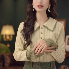 批发2色流动光芒港风复古磨毛<b class='q'>条纹</b>拼色T恤翻领打底衫+长裤