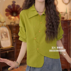 批发3色 榆钱叠荫春夏短袖上衣气质新款百搭小众衬衫