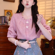 批发【樱花桃酥】新款条纹气质显瘦设计感小众复古上衣