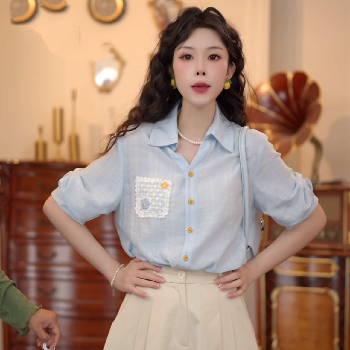 2 색 바다 폼 첫 키스 레트로 항구 바람 패치워크 품격 맨위 반팔 다용도 셔츠 반바지
