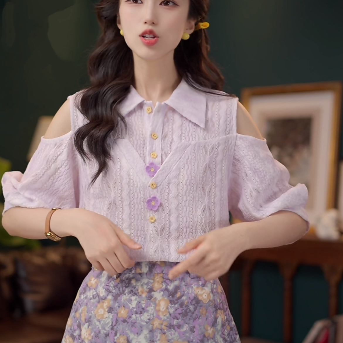 2 색 사쿠라 보기 보라색 부드러운 셔츠 캐주얼 다용도 반팔 여성 셔츠 여름 맨위 반신 스커트