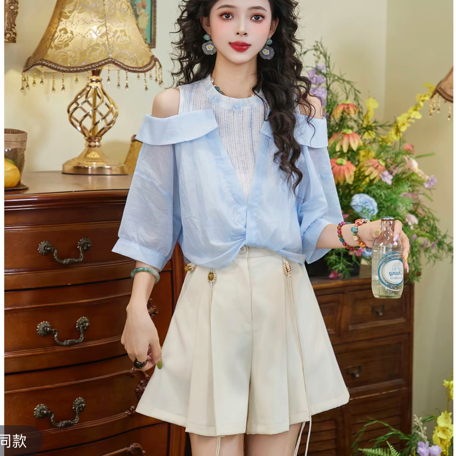웨이브 비 레트로 항구 바람 페이크 레이어드 반팔 여성 셔츠 여름 다용도 맨위 반바지
