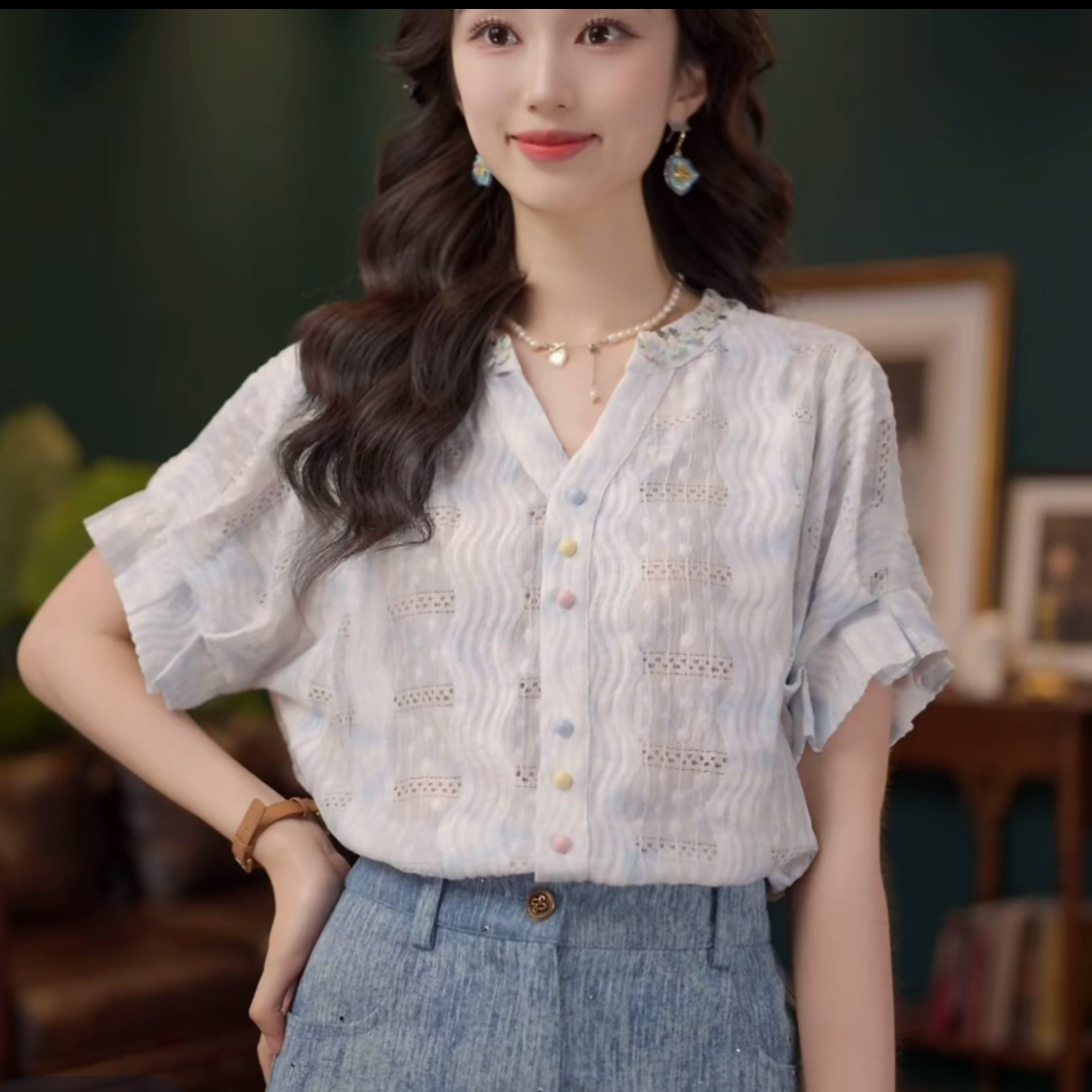 2 색 스타 바다 모래 부드러운 셔츠 캐주얼 다용도 반팔 여성 셔츠 여름 맨위