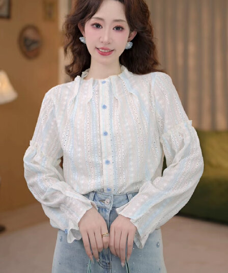 맑은 봄날 레트로 항구 바람 홀로우 아웃 맨위 봄 여름 긴팔 다용도 셔츠