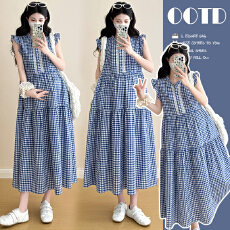 批发实拍孕妇装2026<b class='q'>夏</b>季新款韩风减龄纯棉格子拼接蕾丝中长款连衣裙