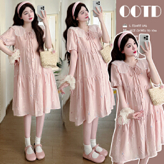 批发实拍孕妇装2026<b class='q'>夏</b>季新款甜美减龄娃娃领拼接彩色波点中长款连衣裙