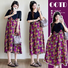 批发实拍孕妇装2026<b class='q'>夏</b>季新款圆领碎花设计感拼接假两件孕妇连衣裙