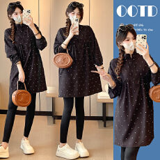 批发实拍2025秋季新款孕妇<b class='q'>韩版</b>圆点百搭九分袖上衣宽松连衣裙