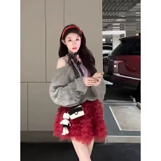 批发韩系甜美风套装女秋冬季新款宽松露肩针织毛衣高腰<b class='q'>蓬蓬</b>短裙两件套
