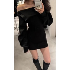 批发巨好看的冬装赫本风绝美巨显身材气质收腰黑色一字肩露肩连衣裙女