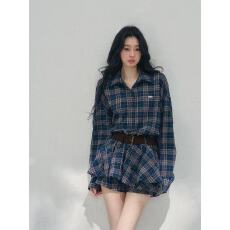 批发复古蓝格子衬衫<b class='q'>连衣</b>裙子短<b class='q'>裤</b>内搭高级感韩系辣妹蓬蓬<b class='q'>连衣</b>裙套装女