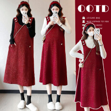 批发实拍~秋冬孕妇装时尚套装 休闲<b class='q'>百搭</b> 红色毛呢背带连衣裙两件套