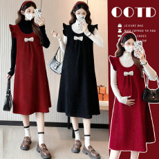 批发实拍~秋冬孕妇装时尚套装 休闲<b class='q'>百搭</b> 红连衣裙两件套