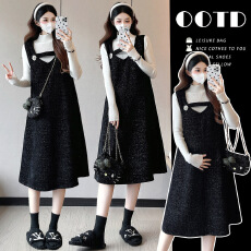 批发实拍~孕妇装高领针织衫搭配黑色背带裙套装