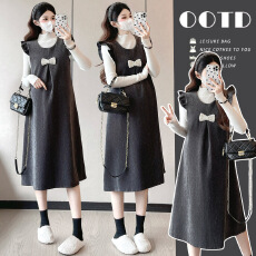 批发实拍~孕妇装秋冬款套装 温柔风+蝴蝶结背心裙孕妇连衣裙两件套