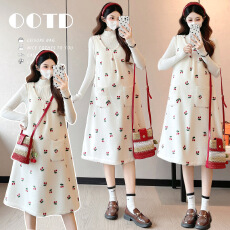 批发实拍~孕妇装甜美樱桃印花毛绒背带裙女 温柔风减龄毛绒连衣裙套装