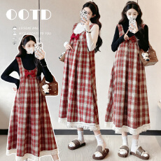 批发实拍~孕妇秋装套装，红格纹背带裙，蝴蝶结装饰，时尚遮肚又舒适