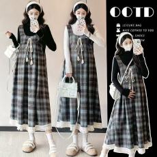 批发实拍~孕妇新款外出时尚款潮秋款宽松格子大码上衣孕妇连衣裙