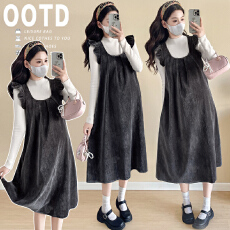 批发实拍~孕妇装<b class='q'>秋</b>冬款时尚宽松显瘦灰色背心裙 + 白色打底两件套