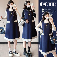 批发实拍~孕妇装秋冬新款毛呢背心裙+白色高领打底两件套套装