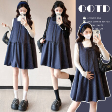 实拍~孕妇藏青色波点连衣裙套装女 春秋长袖内搭+减龄 显瘦两件套