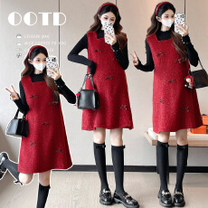 实拍~孕妇装秋冬款加绒加厚时尚款红色背心裙 + 喜庆优雅两件套