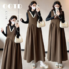 批发实拍~孕妇装春秋款时尚宽松显瘦咖色背心连衣裙-套装