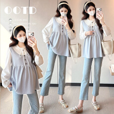 批发实拍~孕妇装春款孕妇韩版拼接<b class='q'>娃娃衫</b> 宽松长袖减龄遮肚百搭<b class='q'>连衣裙</b>