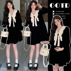 实拍~孕妇春秋装丝绒连衣裙宽松大码韩版灯笼袖连衣裙领子可拆