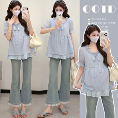 批发实拍~温柔风浅蓝色木耳边系带娃娃衫 夏季宽松荷叶边<b class='q'>孕妇</b><b class='q'>上衣</b>