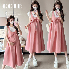 批发实拍~<b class='q'>孕妇</b><b class='q'>背带裙</b> 夏季短袖粉色蝴蝶结长裙 孕期遮肚透气甜美套装