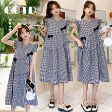 批发实拍~夏季新款黑白格纹小飞袖连衣裙 甜美蝴蝶结装饰宽松透气显瘦