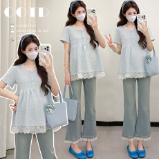 批发实拍~孕妇装夏季宽松遮肚短袖 <b class='q'>蕾丝</b>花边拼接温柔风<b class='q'>娃娃衫</b>上衣