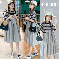 批发实拍~夏季条纹拼接假两件背带连衣裙女宽松大码遮肚显瘦休闲<b class='q'>百搭</b>