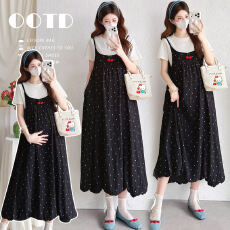 批发实拍现~孕妇<b class='q'>夏</b>装套装 时尚波点背带长裙 孕期外出休闲显瘦两件套