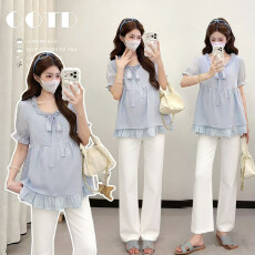 批发实拍~孕妇夏装套装 减龄荷叶边上衣 简约修身 日常通勤宽松娃娃裙