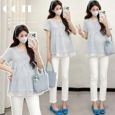 批发实拍~孕妇夏季短袖上衣 蕾丝下摆宽松遮肚显瘦，百搭娃娃衫