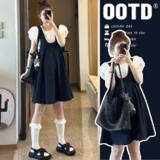 批发<b class='q'>实拍</b>~现<b class='q'>孕妇</b><b class='q'>背带裙</b>套装 夏季泡泡袖上衣藏青长款两件套 遮肚显瘦