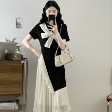 批发实拍大码女装黑白拼接假两件吊带修身显瘦减龄连衣裙