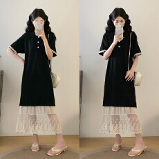 批发<b class='q'>实拍</b>大码女装黑色显瘦蕾丝拼接POLO衫长款过膝针织夏季连衣裙