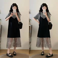 批发<b class='q'>实拍</b>大码女装假两件吊带针织拼接亮闪闪珠片网纱过膝长款连衣裙