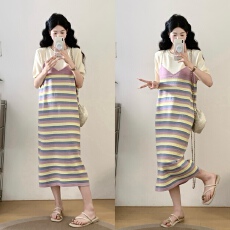 批发<b class='q'>实拍</b>大码女装假两件背带彩色条纹直筒过膝显瘦休闲拼接长款连衣裙